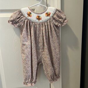 Petite Bebe Smocked Floral Turkey Baby Romper